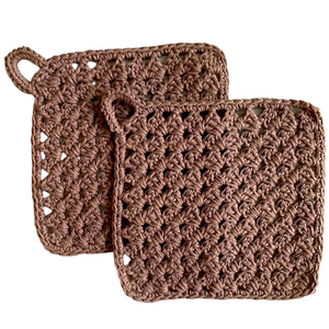 2 Handmade Dishcloths Washcloths w Loop100% Cotton Dark Brown Hand Crocheted